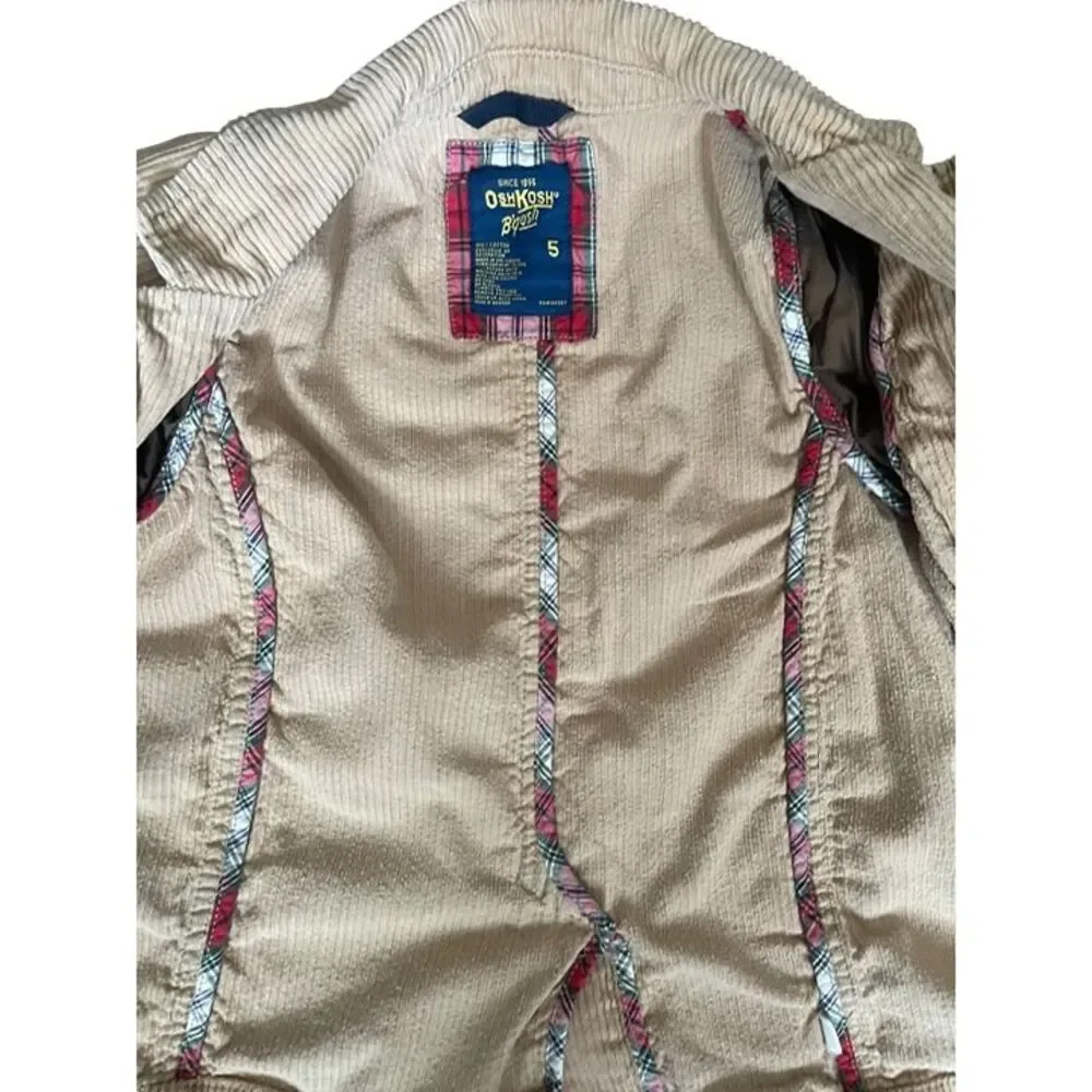 Oshkosh BGosh Boys Corduroy Jacket Size 5 Tan With Plaid Lining & Button Closure